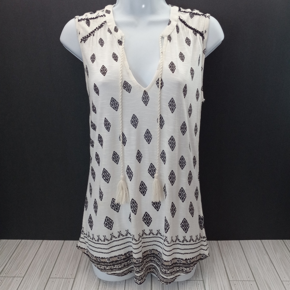 Lucky Brand Boho Tassled Tribal Print Top